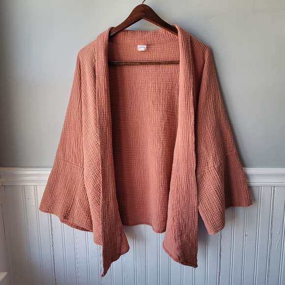NWOT 100% Cotton Seersucker Oversized Coral Tie Front Kimono Sweater - Picture 6 of 15
